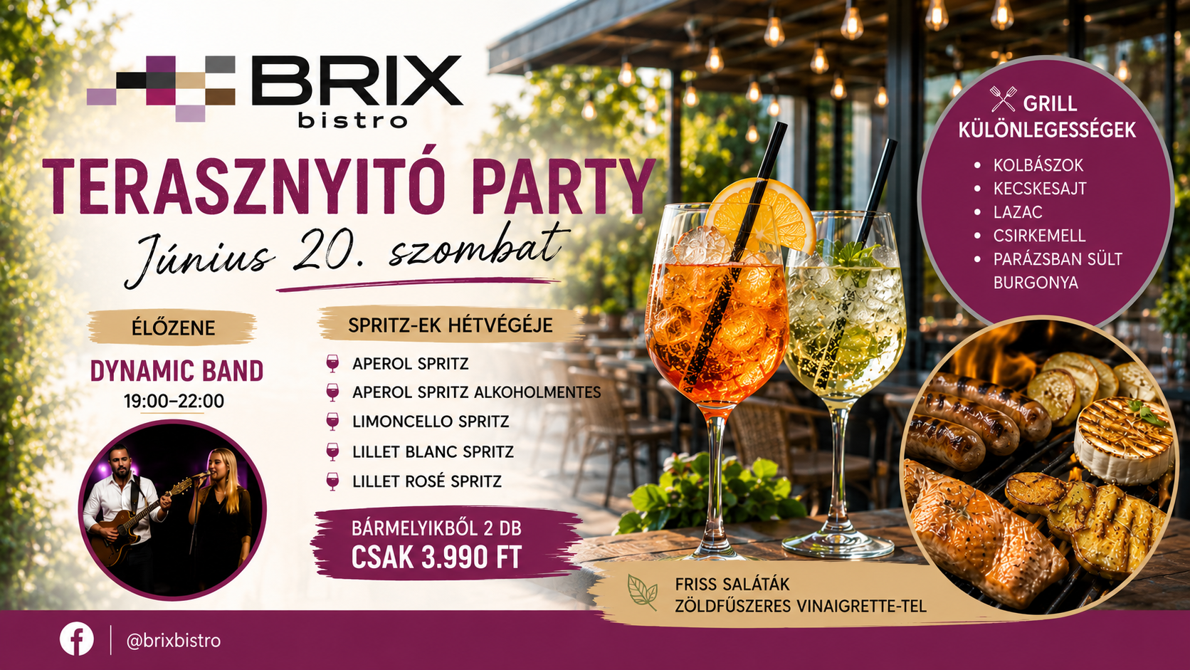 BRIX Bistro terasznyitó party plakát élőzenével, Spritz koktélokkal és grillkülönlegességekkel Hévízen