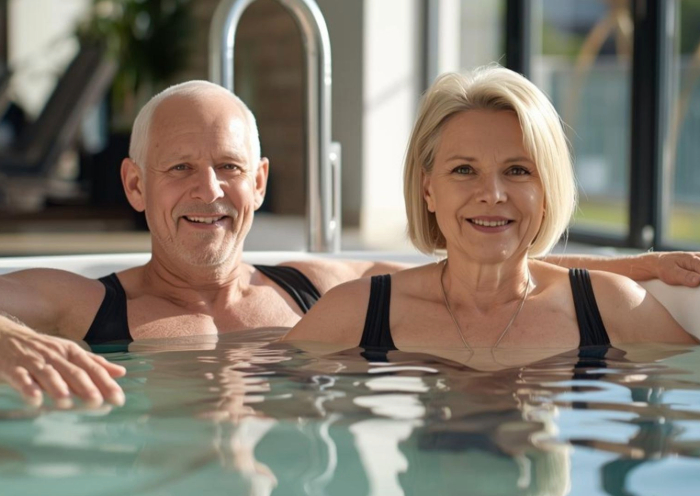 Ein älteres Ehepaar entspannt sich in einem sonnendurchfluteten Pool und lächelt herzlich. Sie tragen Badeanzüge, im Hintergrund ist eine ruhige Indoor-Spa-Umgebung zu sehen, die Entspannung und Glück vermittelt.
