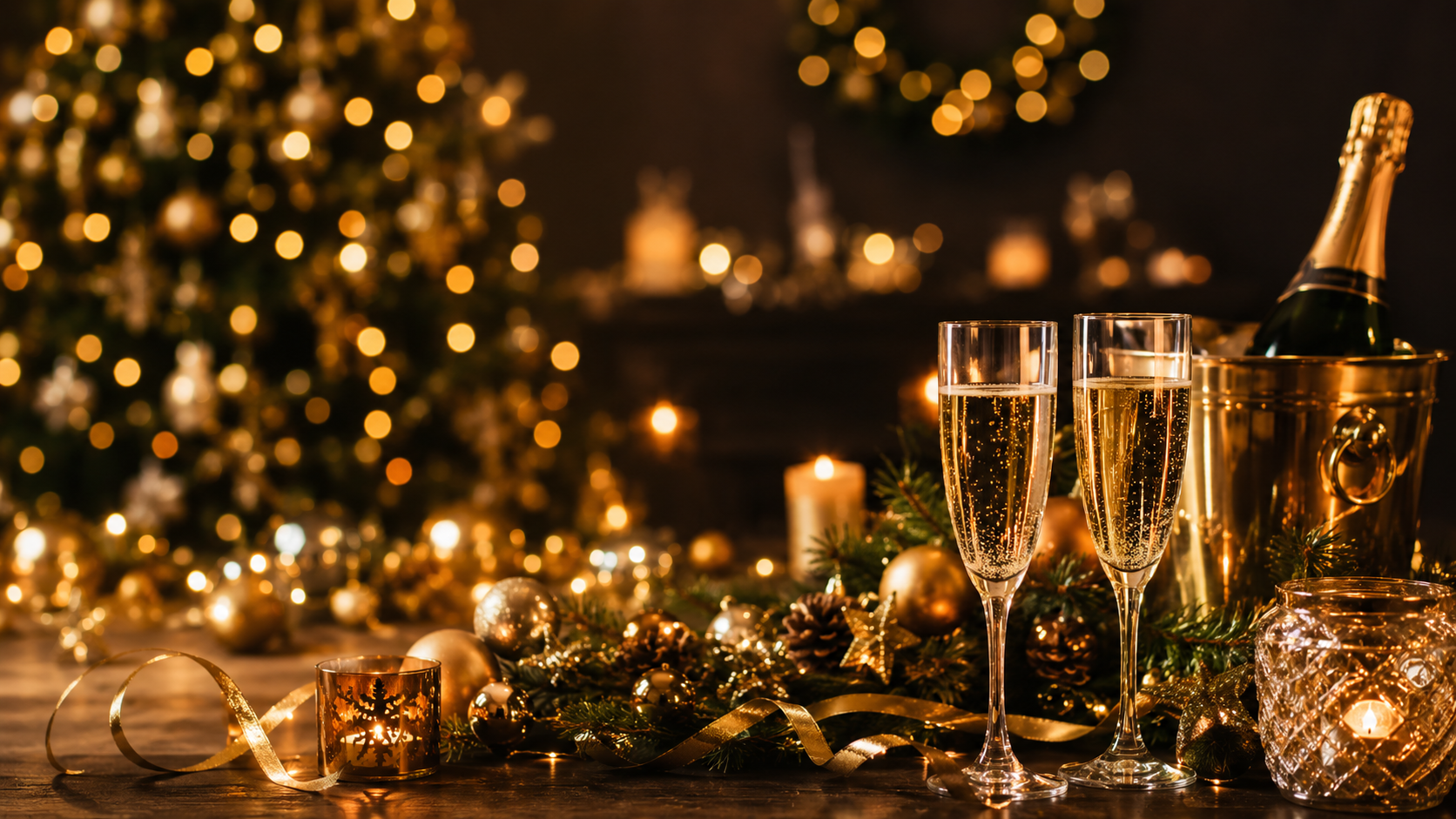 Festive Christmas and New Year’s Eve atmosphere with champagne, Christmas tree and golden decorations